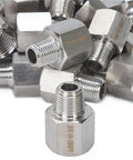 Close-up of Stainless Steel 316 Pipe Fitting Adapter One Quarter Inch Female To One Eighth Inch Male NPT For Air Water Fuel Lines Pack Of Six Hundred Pro Grade Bar Production Quality showing threads