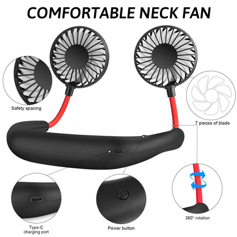 Neck Wearable Portable Fan With 2500mAh Battery USB Rechargeable Hands Free Dual Head Rotatable Mini Face Cooling Personal Fan
