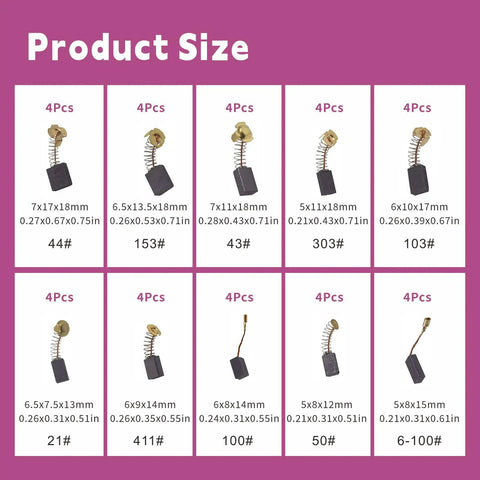 Electric Motor Carbon Brush Set With 40 Pieces Across 10 Models For Go To Maintenance And Do It Yourself Repair Of Carbon Brush Motors High Temperature Graphite Alloy Construction Replacement Parts For Reliable Performance, 10 sizes shown