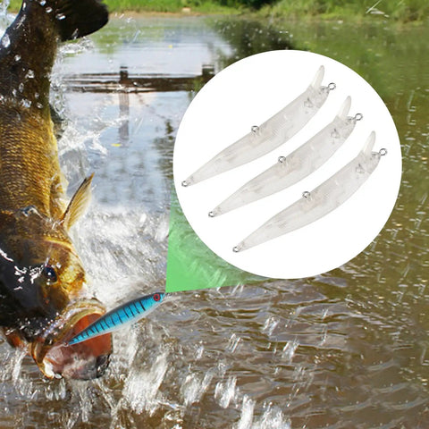 Unpainted Blank Minnow Crankbait Lures Kit 20 Pcs ABS Topwater Fishing Lures with Steel Rattle next to jumping fish