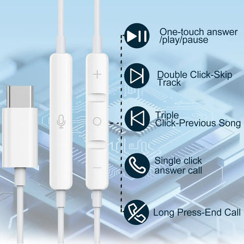 Two Pack USB C Earbuds With Mic And Remote, Noise Cancelling Type C Headphones showcasing inline controls on circuit board background.