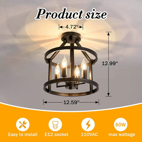 2-Pack Semi Flush Mount Ceiling Light Fixture Farmhouse Matte Black Metal With Open Drum Shade For Entryway Foyer Dining Room Kitchen Hallway Ceiling Lamp Sleek Modern Lighting For Any Space, showcasing dimensions at 12.99 inches high and 12.59 inches wide.