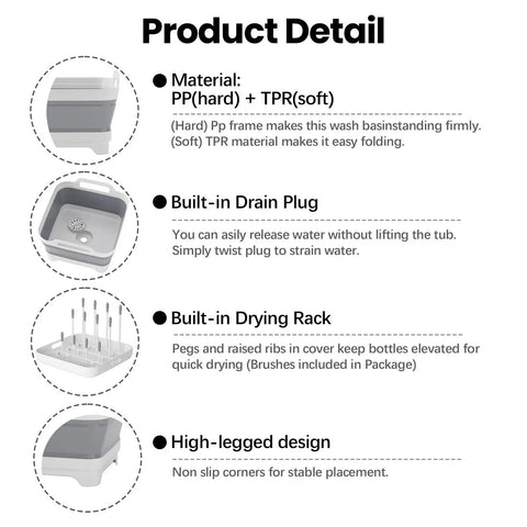 Product details of Collapsible Baby Bottle Wash Basin With Built In Drying Rack And Lid Portable 2.4 Gallon Dish Tub
