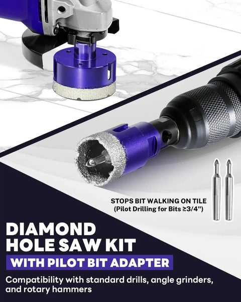 14 Pc Diamond Hole Saw Kit With Pilot Bit Adapter 1/4 Inch To 2 1/2 Inch Thickened Core Drill Bit Set on tile