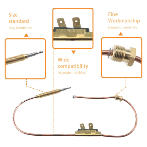 Propane heater thermocouple, 18-inch copper wire with brass fittings and mounting clip.
