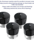 Set of four black stainless steel wheel bearing protectors with silver rims for 1.98-inch hubs