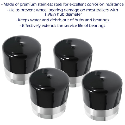 Set of four black stainless steel wheel bearing protectors with silver rims for 1.98-inch hubs