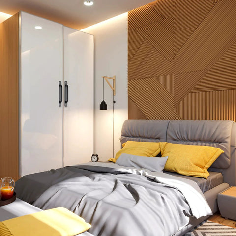 Modern bedroom with matte black cabinet handles on white closet, featuring yellow accents and a geometric wall.