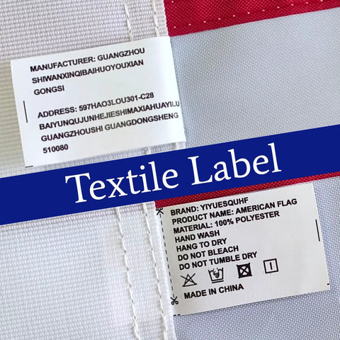 Textile label showing manufacturer and care instructions for 3 x 5 ft American Flag For Outdoor Use, 350D Heavy Duty Polyester.