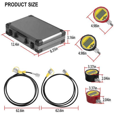 Heavy Duty Hydraulic Pressure Test Kit With Digital Gauges 10000 PSI And 70 MPa 11 Couplings 2 Test Hoses shown with case sizes.