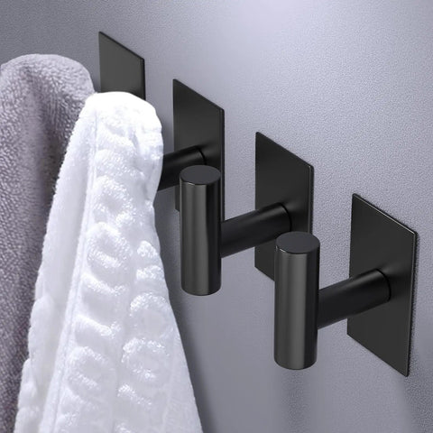 Heavy Duty Wall Towel Hooks No Drill Sticky Holder For Hanging Towels Coats And Kitchen Accessories Waterproof Wall Mount Black 2 Pack