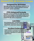 Smooth PTFE Silicone Lubricant For 3D Printers infographic highlighting features, benefits, and application details.