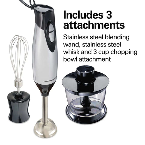 Kickass 4 In 1 Electric Immersion Hand Blender With Whisk And 3 Cup Vegetable Chopper Bowl dual speed settings with stainless steel attachments.