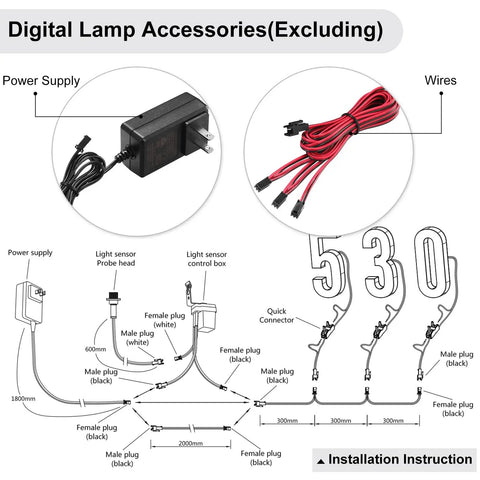 Diagram of 8 Inch LED House Numbers Set 12V DC Low Voltage Address Numbers wiring and installation details