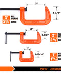 Heavy Duty Malleable Iron C Clamp Set Three Piece With 1 Inch 2 Inch And 3 Inch Jaw Openings Built For Woodworking Metalworking And Quick Home Repairs That Just Works, showing three orange clamps with measurements