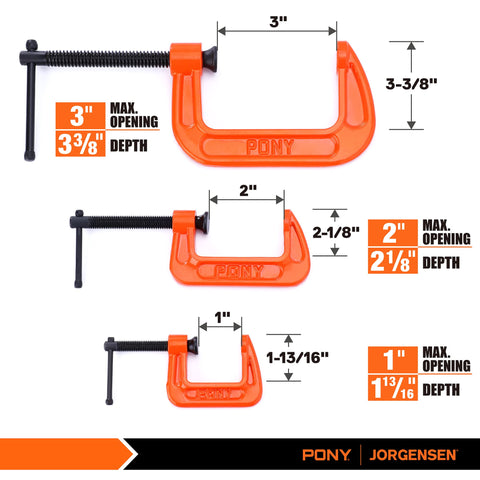 Heavy Duty Malleable Iron C Clamp Set Three Piece With 1 Inch 2 Inch And 3 Inch Jaw Openings Built For Woodworking Metalworking And Quick Home Repairs That Just Works, showing three orange clamps with measurements