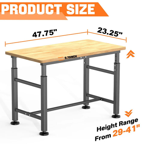 Adjustable Workbench With Rubberwood Top For Home Garage Heavy Duty Work Table Height Adjustable From 29 To 41 Inches