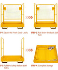 Straight Up Forklift Safety Cage 36 X 36 Inch Work Platform 1200 Lbs Capacity with step-by-step folding instructions.