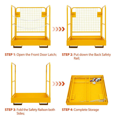 Straight Up Forklift Safety Cage 36 X 36 Inch Work Platform 1200 Lbs Capacity with step-by-step folding instructions.