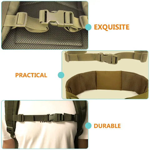 2 Pack Adjustable Backpack Straps With Retractable Buckles For Outdoor Travel Hiking Camping And Jogging Gear Heavy Duty Nylon Quick Dry Easy Replacement Army Green shown in close-ups and on a model.