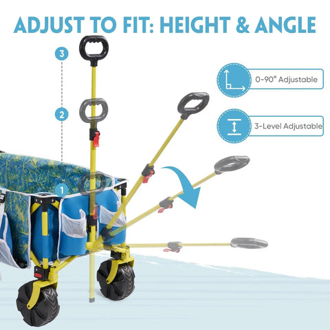 Beach Wagon With Big Wheels For Sand Heavy Duty Collapsible Cart With Tailgate Foldable Utility Wagon With Cup Holders And Side Pocket For Camping Shopping Garden Blue featuring adjustable handle and all-terrain wheels.