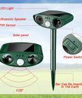 Ultrasonic Outdoor Animal Repellent Deterrent Solar Powered Waterproof Motion Sensor Two Pack Green For Yards Gardens And Lawns With No Nonsense Long Term Behavioral Training To Keep Pests And Wildlife At Bay, green stake-mounted unit