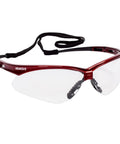 Nemesis Safety Glasses With Red Inferno Frame And Clear Anti-Fog Lenses, Lightweight Sporty Eyewear For Work, adjustable strap