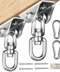 Two Beefy Heavy Duty Swing Hangers for Wooden Sets 360 Swivel Stainless Steel Hardware 1000 Pound Capacity Hammock Hanger, screws, and carabiners