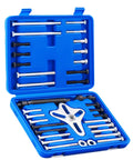 Pro Grade Harmonic Balancer Puller Kit And 49-Piece Gear Puller Set in a blue case with assorted tools for auto repair.