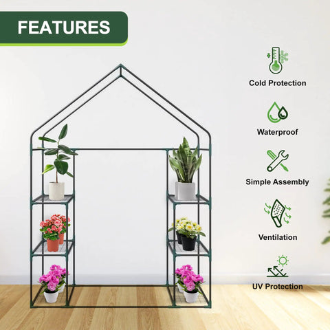 Spacious 3 Tier Walk In Greenhouse Kit With 6 Shelves And Durable PE Cover, highlighting features like cold protection and UV protection.