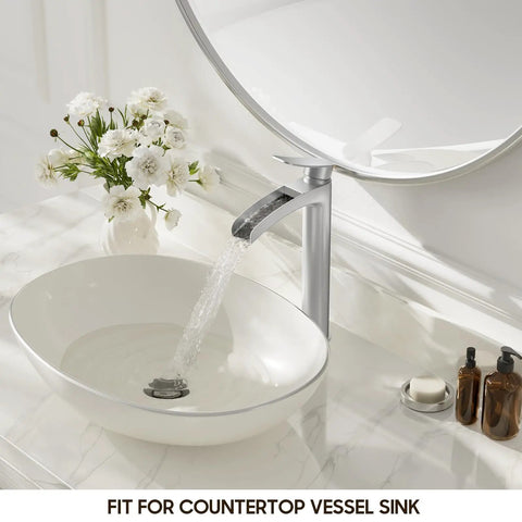 Brushed Nickel Tall Vessel Sink Faucet With Single Hole And Single Handle Waterfall Style for countertop bathroom