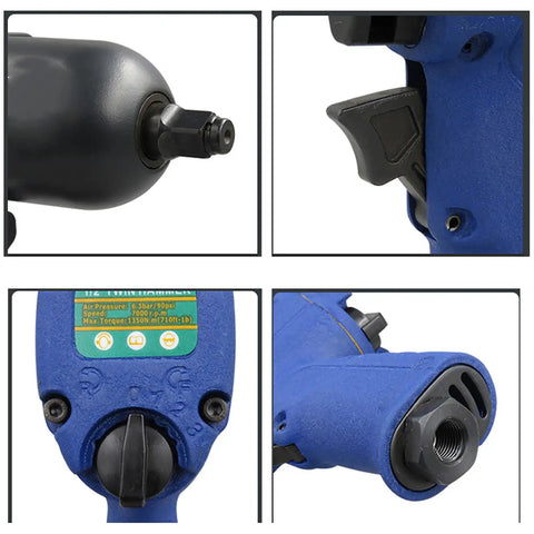 Precision Crafted Heavy Duty Pneumatic Impact Wrench, 1/2 Inch High Torque Air Tool close-up of trigger and air inlet details.