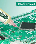 No Clean Solder Flux Paste 10G For Electronics Repair High Activity Rosin Formula applied to a green PCB with SMD components.