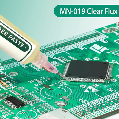 No Clean Solder Flux Paste 10G For Electronics Repair High Activity Rosin Formula applied to a green PCB with SMD components.