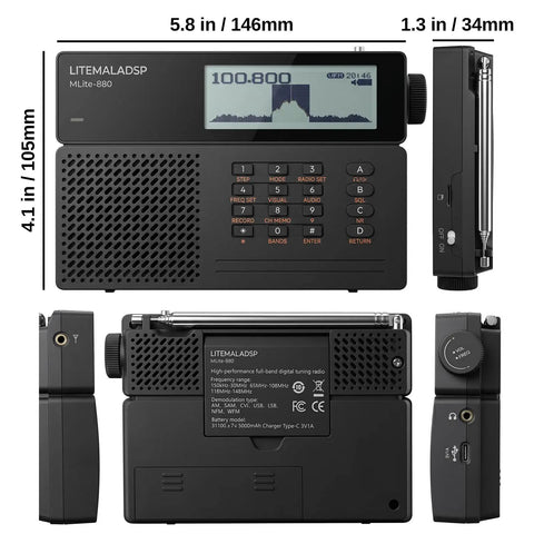 Beast Full Band SDR Receiver with 2.3 inch display showing dimensions and side controls for field DXing and ham radio enthusiasts.