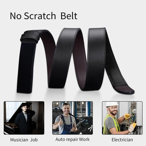 Mechanic Belt For Men No Scratch TSA Approved Non Metal Hypoallergenic Black Leather Buckleless Belt with Velcro closure