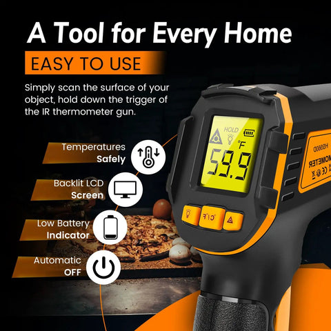 Epic Infrared Temperature Gun For Cooking And Grilling With Laser Precision, Fast Non Contact Readings In Under A Second, Wide Range From Minus 58 F To 1112 F And Minus 50 C To 600 C For Meat, Pizza Ovens, Candy, Grilling, HVAC And More black and orange infrared thermometer gun with backlit LCD