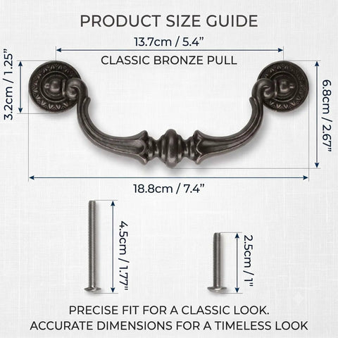 Boss Level Vintage Bronze Cabinet Drawer Pulls With Genuinely Sweet Old School Scrollwork And A Heavy Duty Five Point Five Inch Drop Handle dimensions guide