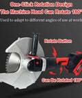 Tough Cordless Power Rig That Slays Through Steel Bars And Piping Without Breaking A Sweat Includes Auxiliary Handle For Serious Cutting And Grinding Jobs Outside, showing 180-degree rotating design and handle.