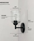 Dimensions of AOIOUR 10.4" 1‑Light Farmhouse Vanity Wall Sconce, Ribbed Glass Matte Black with shade and wall extension measurements.