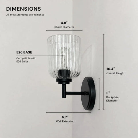 Dimensions of AOIOUR 10.4" 1‑Light Farmhouse Vanity Wall Sconce, Ribbed Glass Matte Black with shade and wall extension measurements.