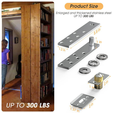 Beefed Up Heavy Duty Pivot Hinge Kit For Hidden Doors And Bookcase Doors 180 Degree And 360 Degree Rotation 300 Lb Load Capacity Stainless Steel 304 Anti Rust Invisible Hardware For Swinging And Sliding Doors with specifications