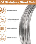 Stainless Steel Cable Wire Rope Kit 50ft Long 1/64 Inch Dia 7x7 Core With 20 Loop Sleeves showing rust resistance and smooth surface features.