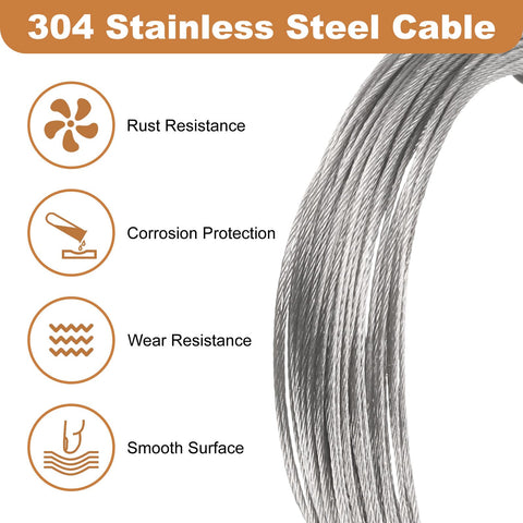 Stainless Steel Cable Wire Rope Kit 50ft Long 1/64 Inch Dia 7x7 Core With 20 Loop Sleeves showing rust resistance and smooth surface features.