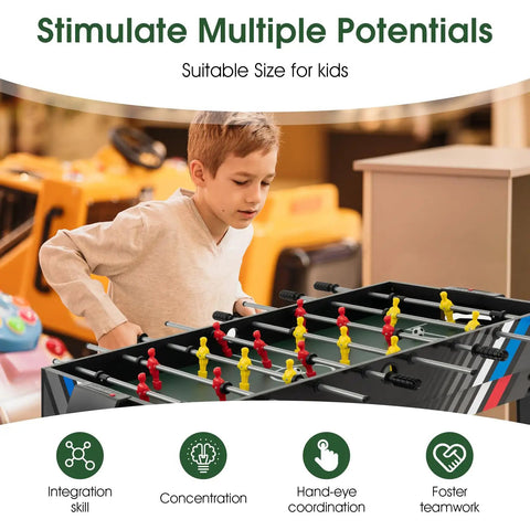 A child playing foosball on a 49 Inch 4 In 1 Combo Game Table Featuring Fast Swap Foosball Slide Hockey Ping Pong And Pool Tops.