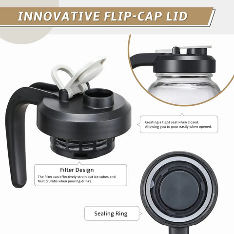 Innovative flip-cap filter lid for 2 Quart Glass Pitcher With Lid Airtight Leakproof Mason Jar Pitcher With Filter Lid Wide Mouth Glass Jar