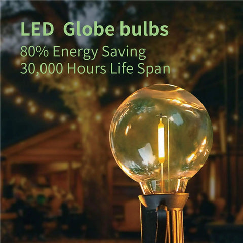 Close-up of G40 LED Globe Bulbs 1.57 Inch E12 Base Shatterproof Warm White for Outdoor String Lights glowing at night.