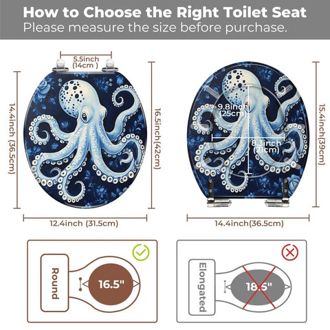 Octopus Round Toilet Seat for Bath with size measurements and compatibility details for round toilets.