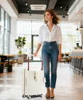 Woman with 20 Inch Carry On Luggage With Dope Spinner Wheels And USB Port Lightweight PC Hard Shell Suitcase For Men And Women
