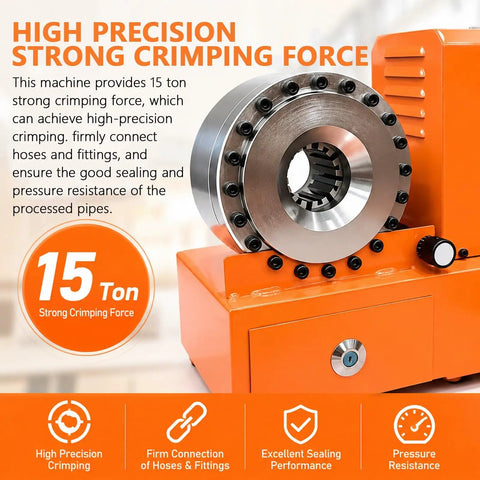 Top Notch Portable Electric Hydraulic Hose Crimper Machine With Limit Switch And Updated Housing showcasing 15 ton strong crimping force.
